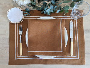 VICTORIA marrón: Mantel individual lino doble festón marrón
