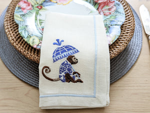 BLUE MONKEY: Blue monkey linen napkin (pack of 4)