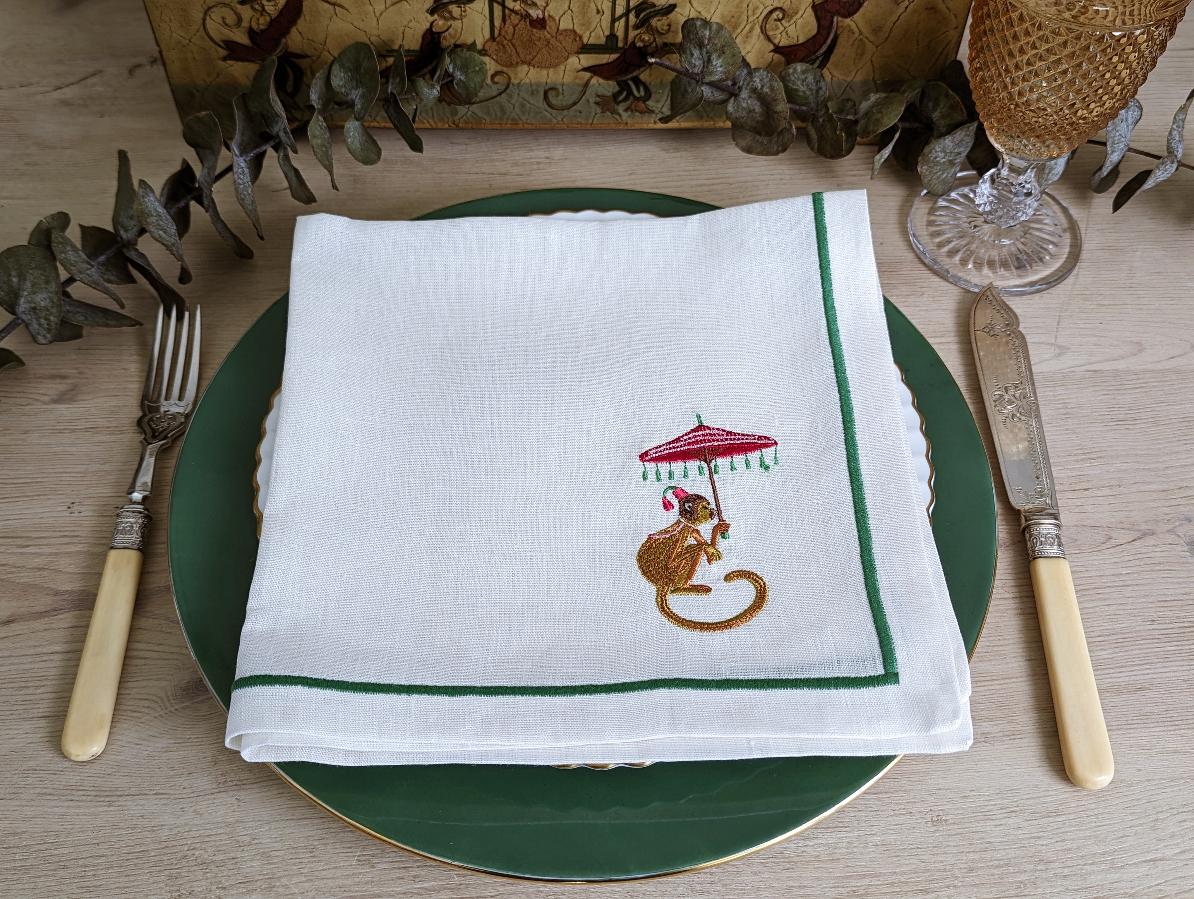 GREEN MONKEY: Green monkey linen napkin (pack of 4)